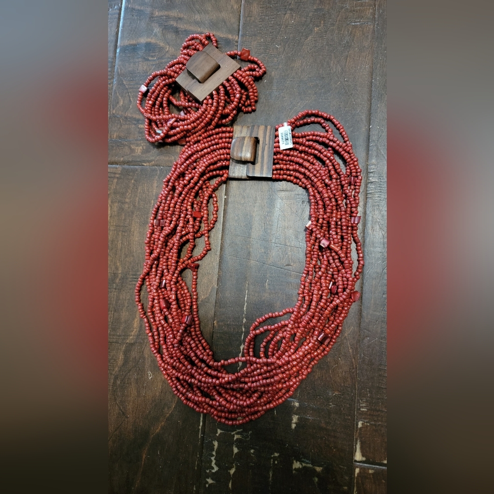 JTV Red Multi-Strand Beaded Necklace - Wooden Clasp And Stretch Braclet